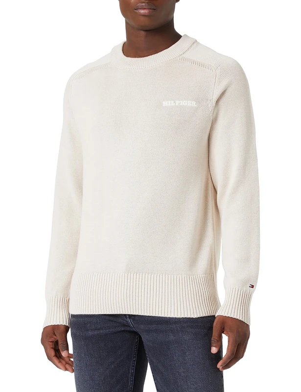 Tommy Hilfiger Men's Jumper Cotton C-Neck Pullover, Beige (Cashmere Creme), 3XL