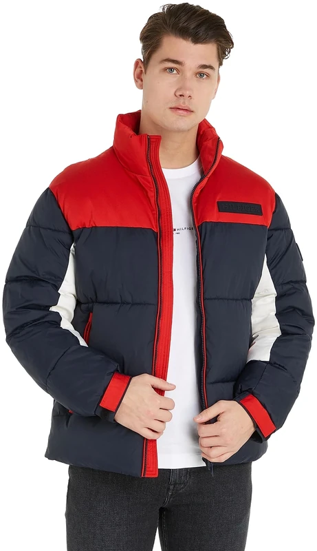 Tommy Hilfiger Men's Puffer Jacket Winter Jacket for Transition Weather, Multicolor (Rwb Colourblock), L