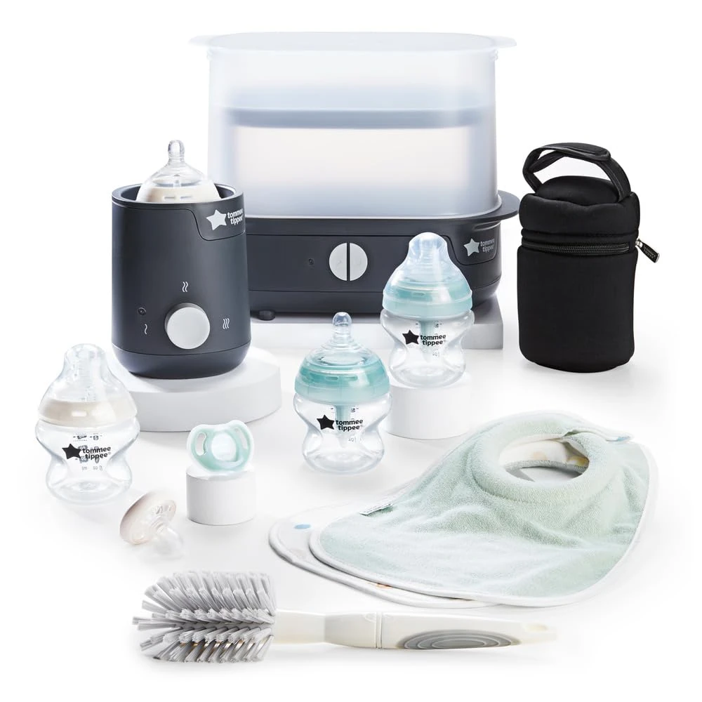 Tommee Tippee Complete Feeding Set, Electric Steam Steriliser with Insulated Bottle Bag, Newborn Self-Sterilising Baby Bottles and Easiwarm Bottle Warmer, Black