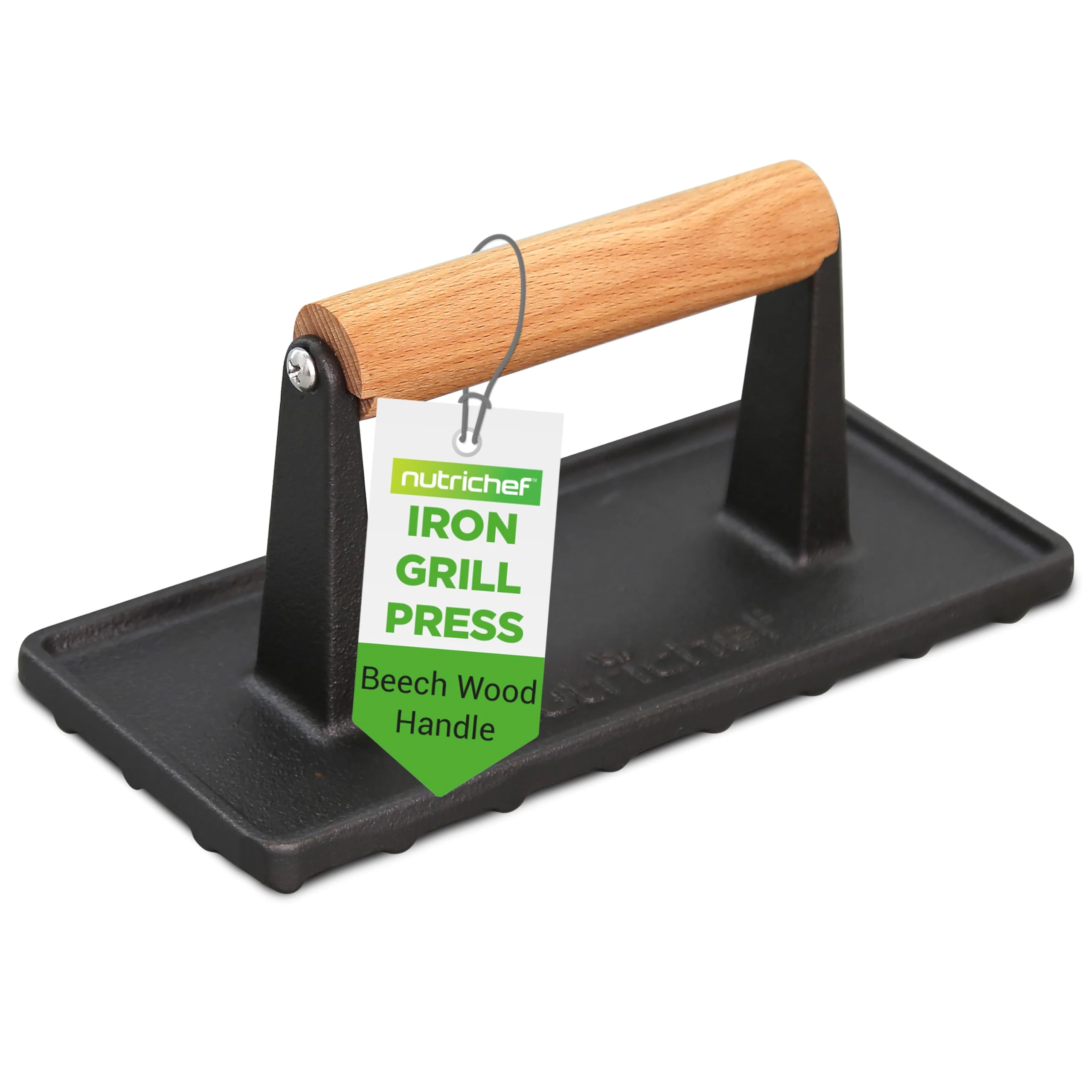 Nutrichef Cast Iron Grill Press - Heavy-Duty Griddle Press with Silicone Handle, Speeds Up Cooking Time on Steak, Burger Patty, Meats, Bacon, Quesadillas & More, Leave an Attractive Mark on Any Meat