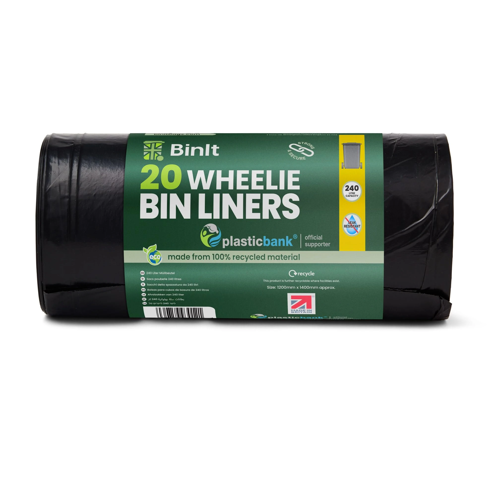 BinIt 20 Wheelie Bin Liners 240 Litre, Eco-Friendly, Bin Bags, Refuse Sacks, Recycled, Strong & Secure, Tear Resistant, 30 μm, Perfect for Standard 240L Wheelie Bins