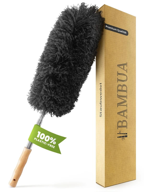 BAMBUA® Feather Duster Extendable - (Premium Quality) Multi-Purpose Extendable Duster for Cleaning the Home - Washable - Natural Bamboo Handle (Eco-Friendly) - Telescopic Duster on a stick (140 cm)