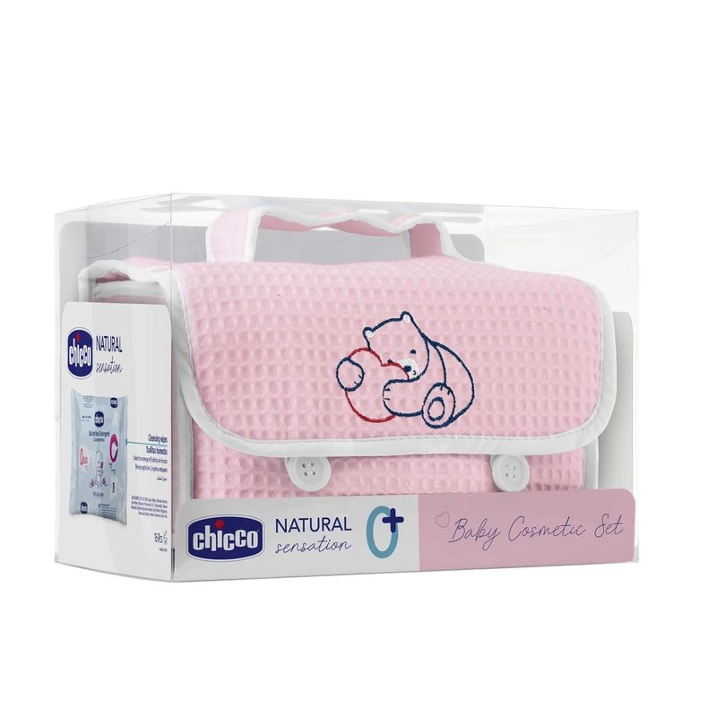 CHICCO Natural Sensation - Pink Toiletry Bag Contains 1 Shampoo & Body Bath - Without Tears 200 ml, 1 Body Lotion 150 ml, 1 Wrap Cream 4-in-1 100 ml, 1 Cleaning Cloth 16 Pieces - Image 1