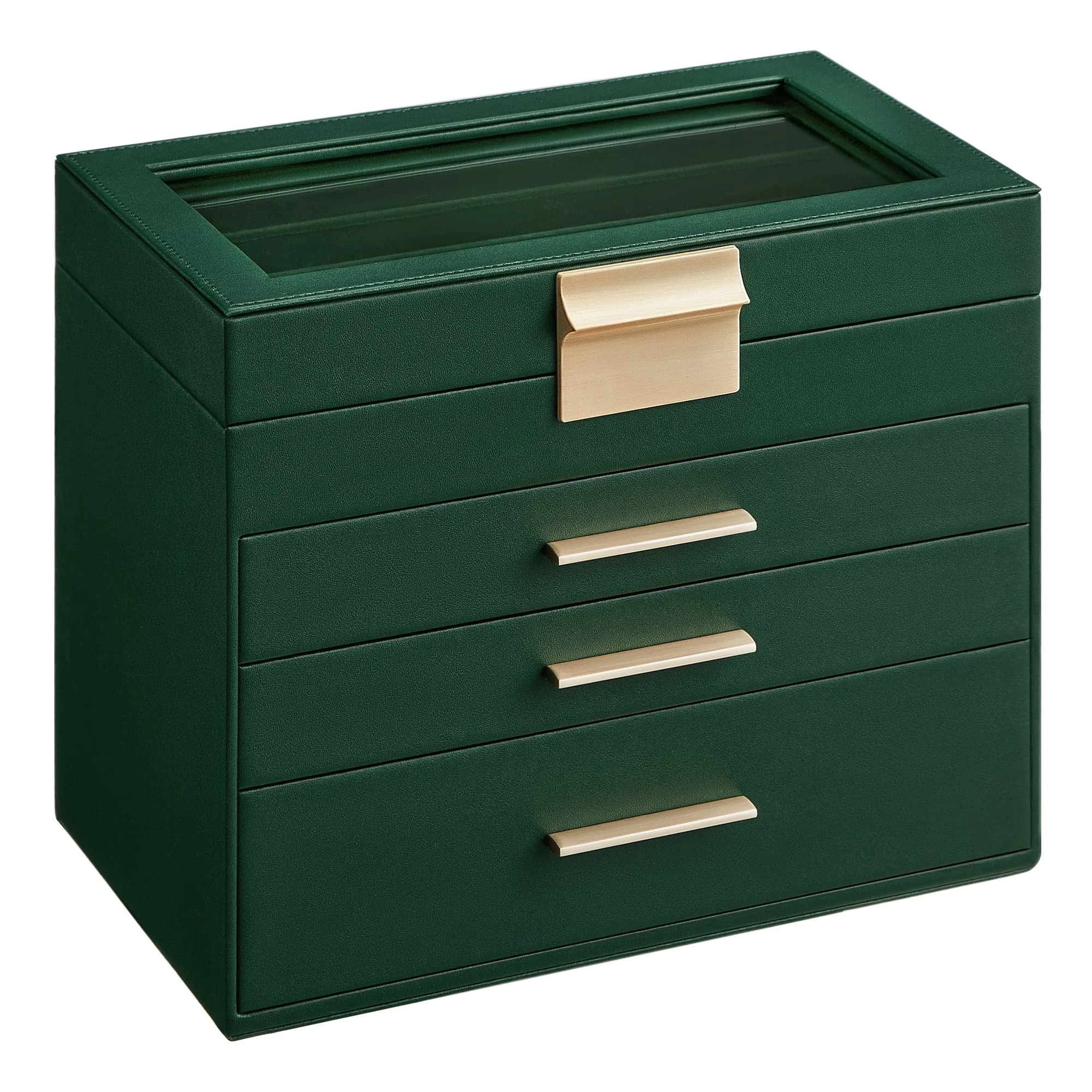 SONGMICS Jewellery Box with Glass Lid, 4-Layer Jewellery Storage Organiser with 3 Drawers, Plenty of Storage, Modern, Gift Idea, 15.3 x 25.1 x 21.5 cm, Forest Green and Gold Colour JBC161G01