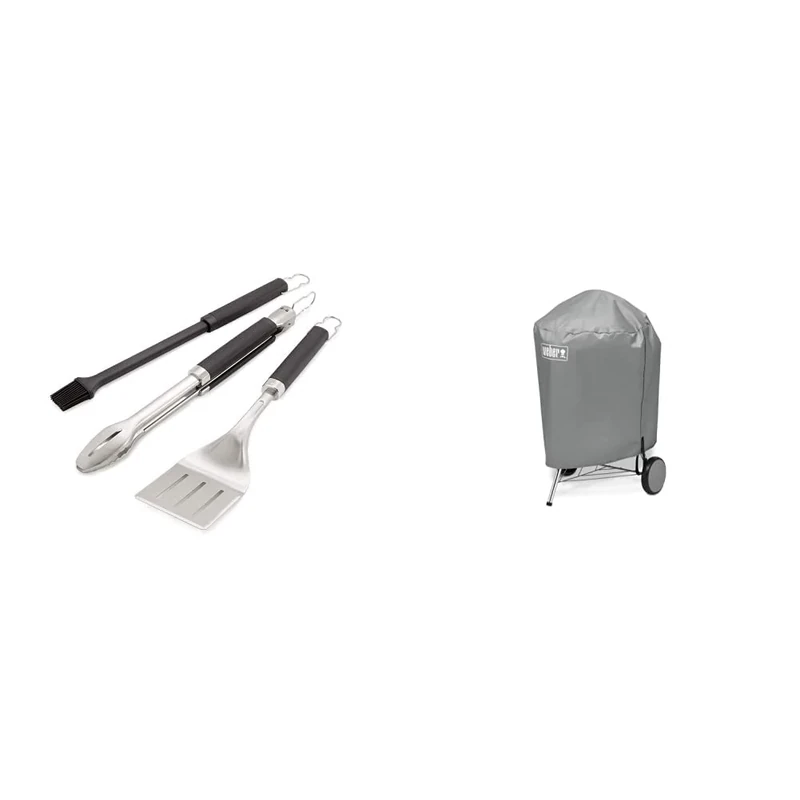 Weber Precision 3-Piece Grill Tool Set & Grey 57cm Diameter Charcoal Grill Cover 7176