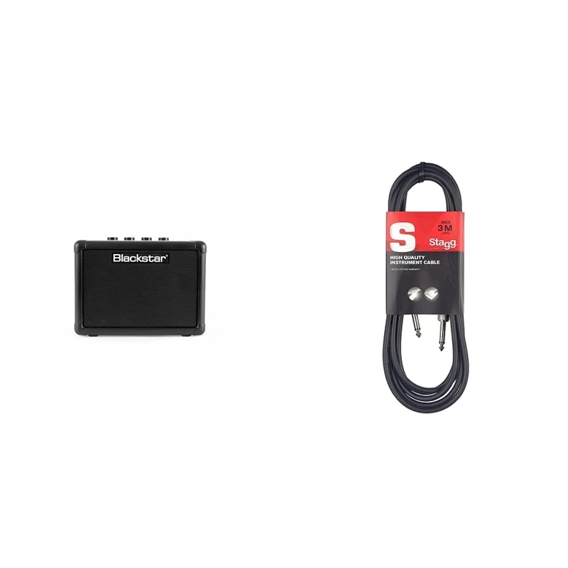 Blackstar Fly 3 Portable Battery Powered Mini Electric Guitar Amp MP3 Line In & Headphone Line Out (Fly 3 Mini Amp, Black) & Stagg SGC3 3m, Phone to Phone Plug Instrument Cable, Black