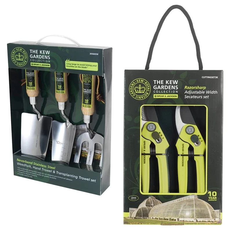 Spear & Jackson Kew Gardens 3056KEW Stainless Steel Hand Tool Gift Set and SPEAR & JACKSON Kew Gardens Razorsharp Cutting, Set 3K Bypass and Anvil Secateurs Set, Green