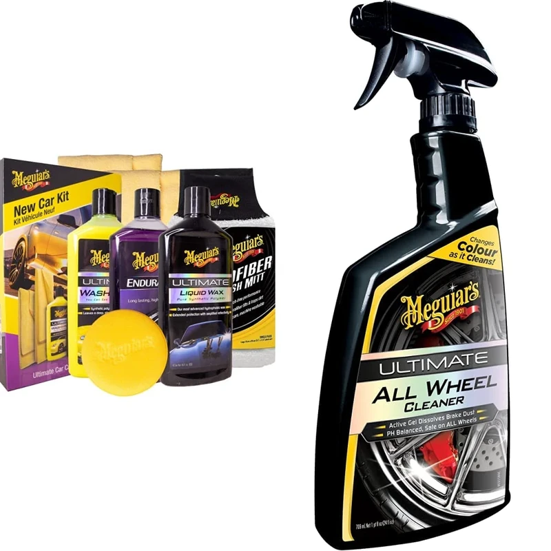 Meguiar's G3201EU Brilliant Solutions New Car Kit & G180124EU Ultimate All Wheel Cleaner Iron Remover 709ml, Changes colour as it cleans!