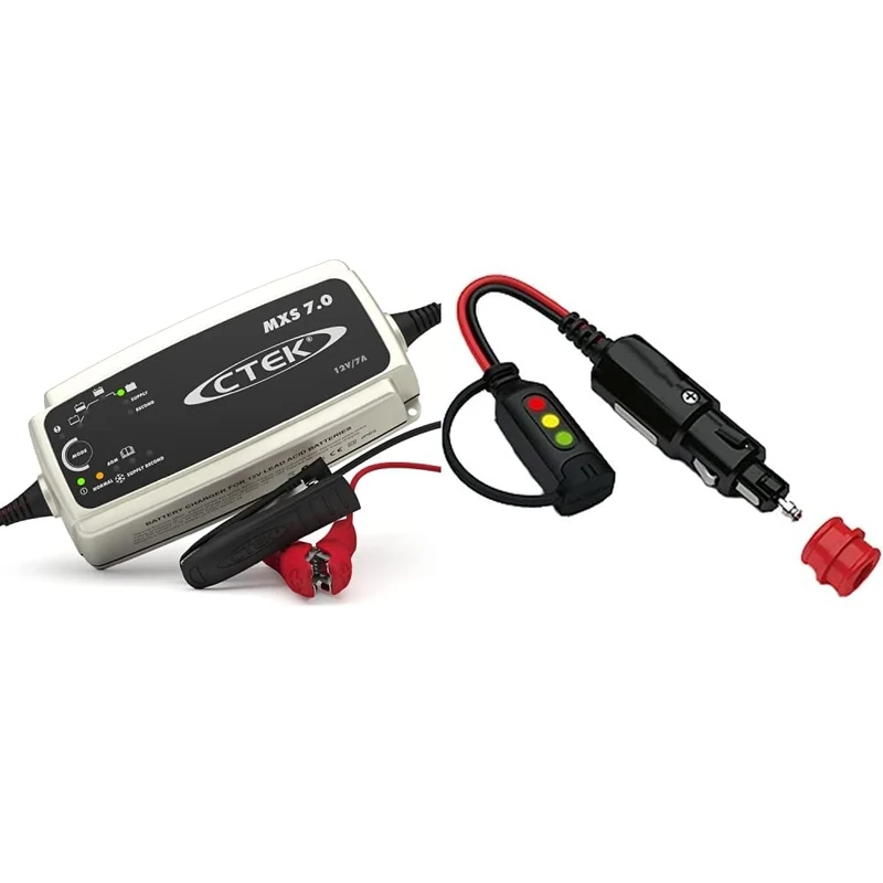 CTEK MXS 7.0 Fully Automatic Battery Charger (Charges, Maintains and Reconditions Car, Caravan & Motorhome batteries) 12V, 7 Amp - UK Plug & 56-870 Comfort Indicator Cig Plug - Black