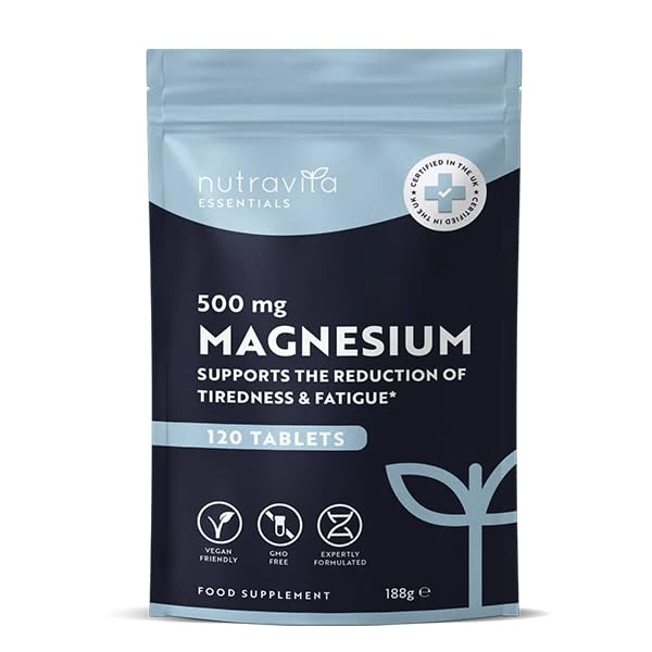 Magnesium Supplements 500mg - 120 Vegan High Strength Tablets – 4 Month Supply – Supports Muscle Function, Tiredness, Energy, Bones, Nervous System - Letterbox Friendly - UK Made - Nutravita