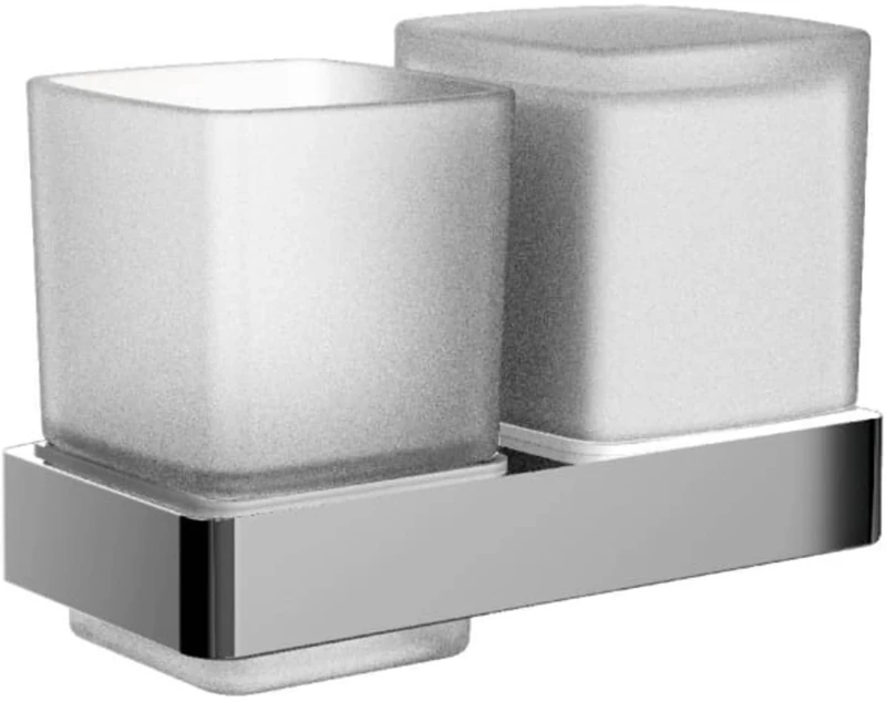 emco Loft Double Glass Tumbler Holder Toothbrush Cup in Chrome, Wall Mounted Bathroom Accessory Modern, Elegant, Practical as Shower Accessory