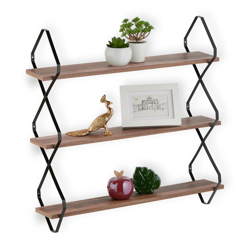 Relaxdays Wall Shelf, 3 Tiers, Decorative Storage, HWD: 60 x 60 x 18.5 cm, Industrial Design, MDF & Metal, Brown/Black, Fibreboard