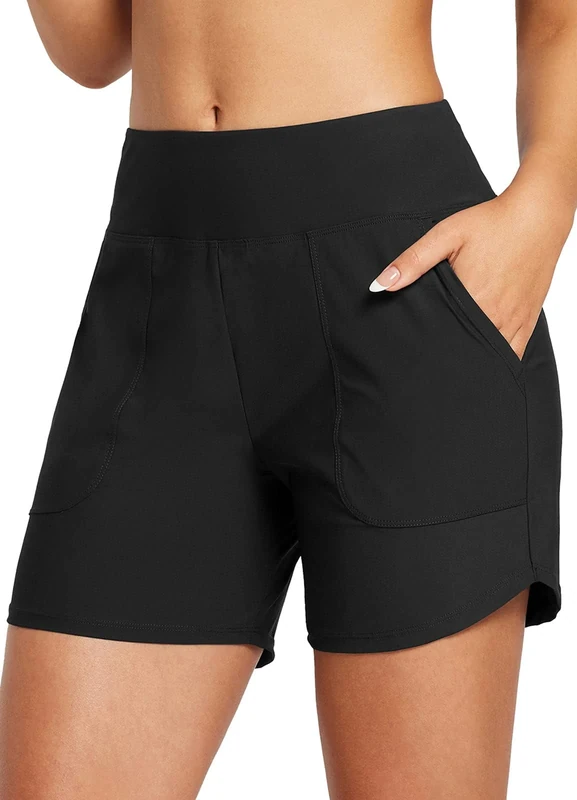 baleaf Swim Shorts Women 5" High Waisted Swimming Custome Bottoms Tummy Control Swimsuits Board Beach Shorts Black XL