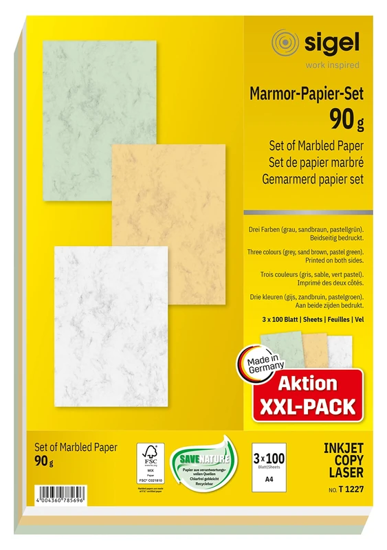 SIGEL T1227 Set of marbled papers sandbrown, pastell Green, Grey, 90 gsm, A4, 300 sheets