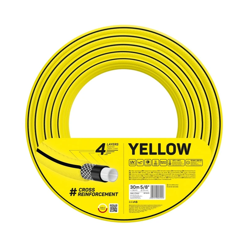 Cellfast Yellow Garden Hose Lightweight Heavy Duty 4-Ply Durable Cross Mesh UV and Algae Resistant Torsion Resistance Reach Technology 20 Bar -10/+50° Closure Temp. 5/8 Inch 30 m