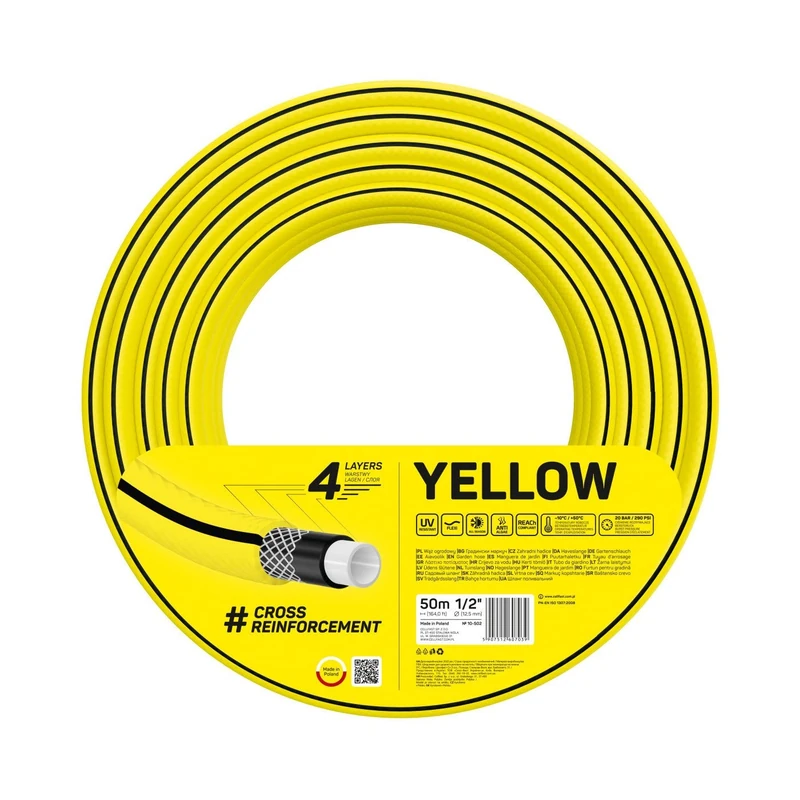 Cellfast Yellow Garden Hose Lightweight Heavy Duty 4-Ply Durable Cross Mesh UV and Algae Resistant Torsion Resistance Reach Technology 20 Bar -10/+50° Closure 1/2 Inch 50 m