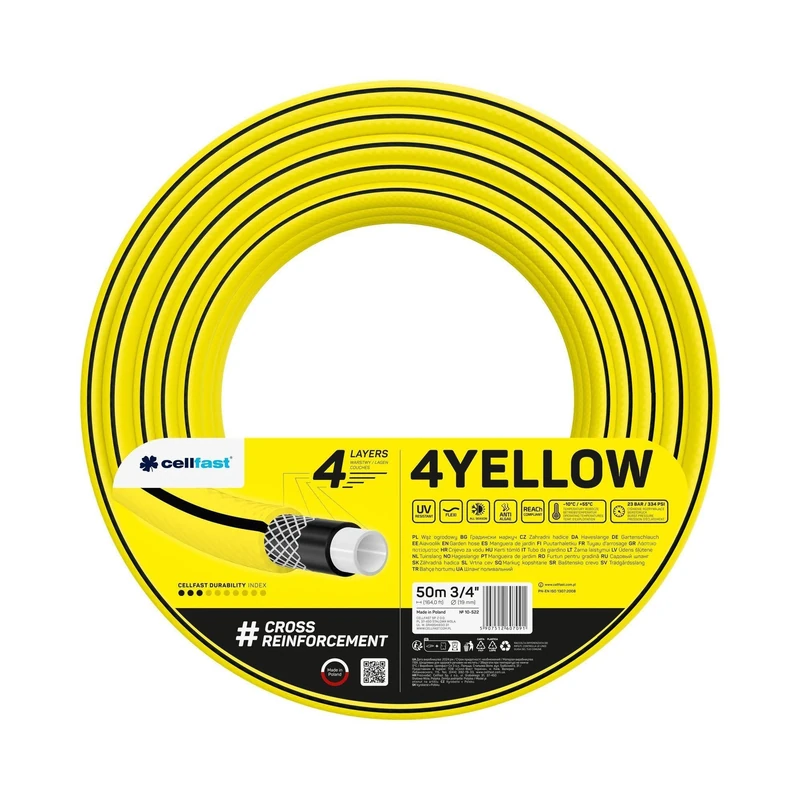Cellfast Yellow Garden Hose, Lightweight, Heavy Duty, 4-Ply, Durable Cross Braid, UV and Algae Resistant, Torsion Resistance, Reach Technology, 20 Bar, -10/+50° Closure: 3/4 Inch, 50 m