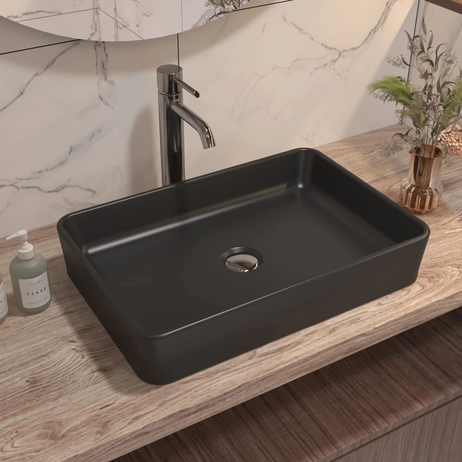 Bathroom Sink, Deervalley 20"x13" Bathroom Vessel Sink, Rectangular Ceramic Countertop Basins for Bathrooms Dressing Table (Matte Black, DV-1V0010)