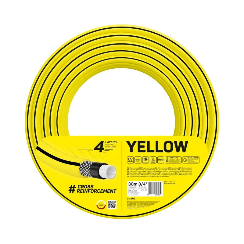 Cellfast Yellow Garden Hose, Lightweight, Heavy Duty, 4-Ply, Durable Cross Braid, UV and Algae Resistant, Torsion Resistance, Reach Technology, 20 Bar, -10/+50° Closure: 3/4 Inch, 30 m
