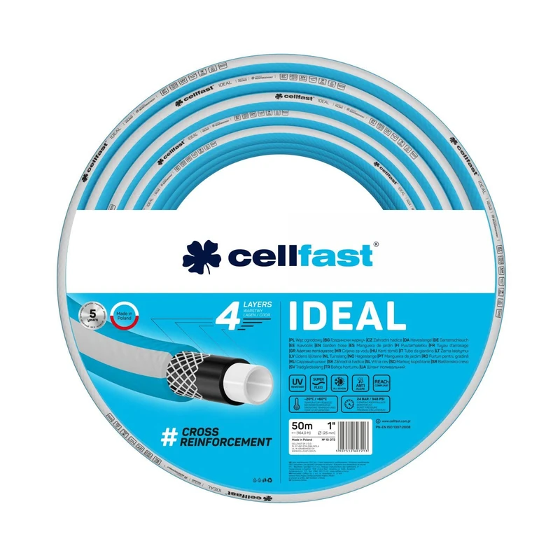 Cellfast Ideal Garden Hose, Durable, Flexible, 4-ply, Durable Cross Braid, UV and Algae Resistant, Reach Technology, 27 bar, -20/+60° Short-Term 1 inch, 50 m