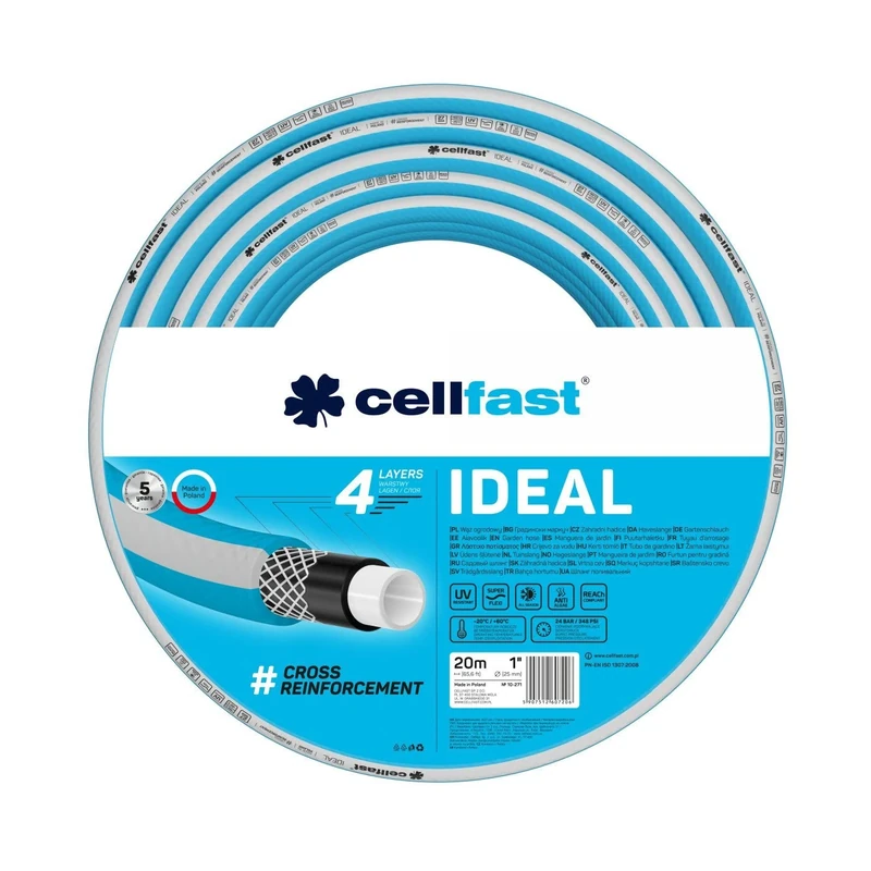 Cellfast Ideal Garden Hose, Durable, Flexible, 4-Ply Durable Cross Braid, UV and Algae Resistant, Reach Technology, 27 Bar, -20/+60° Short Term, 1 Inch, 20 m