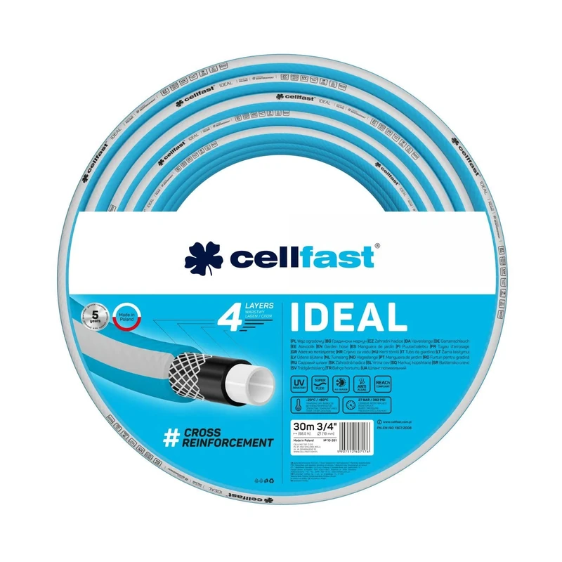 Cellfast Ideal Garden Hose, Durable, Flexible, 4-ply, Durable Cross Braid, UV and Algae Resistant, Reach Technology, 27 bar, -20/+60° Short-Term 3/4 inch, 30 m