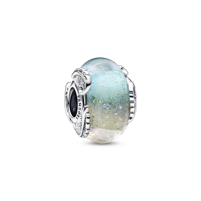 Pandora Moments Feather sterling silver charm with pink dichroic multicolor rainbow Murano glass