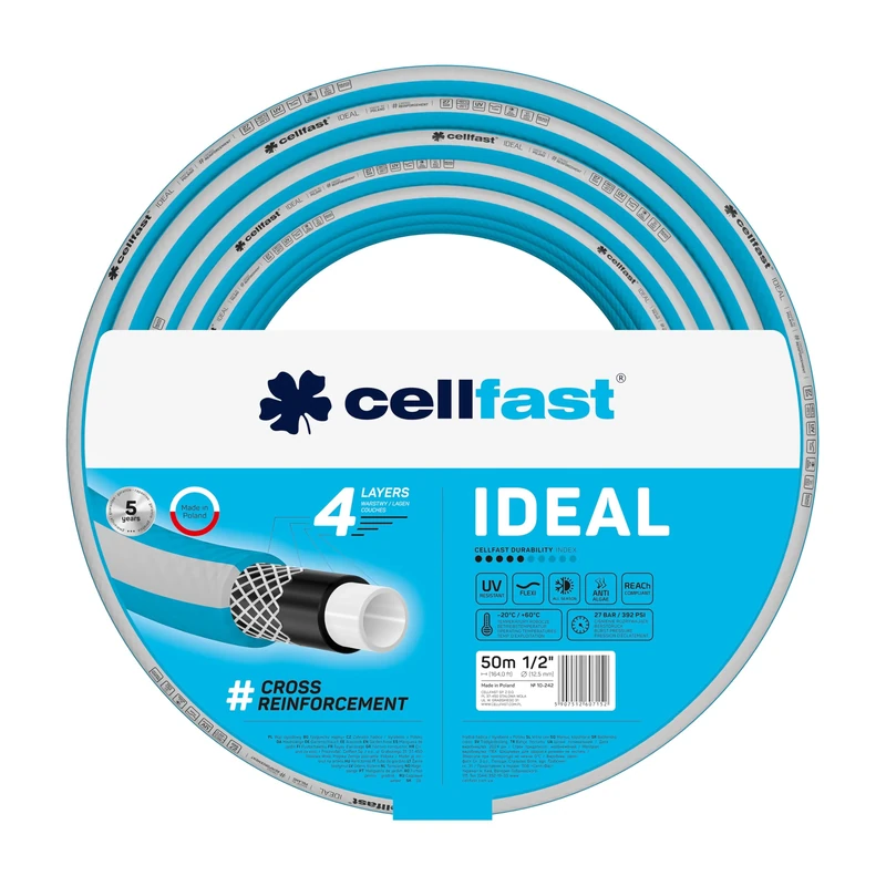 Cellfast Ideal Garden Hose, Durable, Flexible, 4-ply, Durable Cross Braid, UV and Algae Resistant, Reach Technology, 27 bar, -20/+60° Short-Term 1/2 inch, 50 m