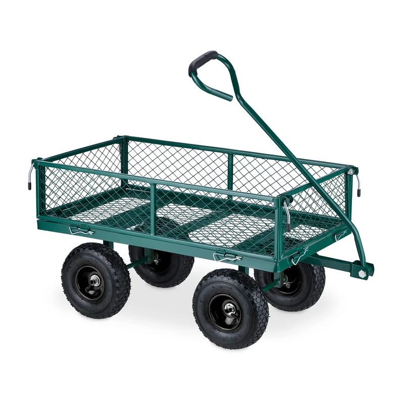 Relaxdays Heavy-Duty Cart, Practical Garden Trolley, Pneumatic Wheels, Folding Sides, up to 200 kg, Steel, Green/Black, 50 x 50 x 110 cm
