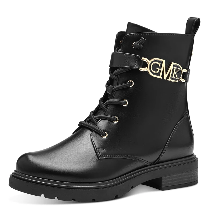 MARCO TOZZI Women's 2-85202-41 Lace Boot Flat, Black/Gold, 6.5