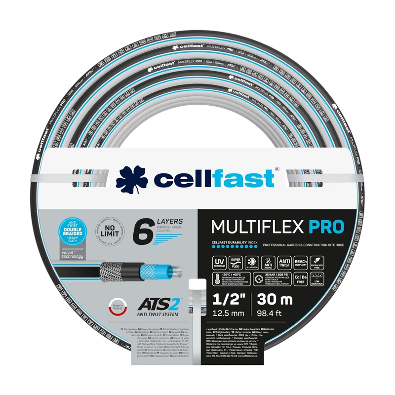 Cellfast Garden Hose MULTIFLEX PRO, Heavy Duty 6-Layer, ATS2 Tricot Braid, UV and Algae Resistant, Free of Heavy Metals, Velvet Technology, 35 Bar, -20/+65°С Temp. 1/2", 30m