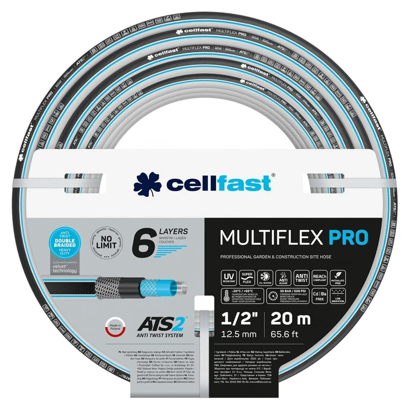 Cellfast Garden Hose MULTIFLEX PRO, Heavy Duty 6-Layer, ATS2 Tricot Braid, UV and Algae Resistant, Free of Heavy Metals, Velvet Technology, 35 Bar, -20/+65°С Temp. 1/2", 20m