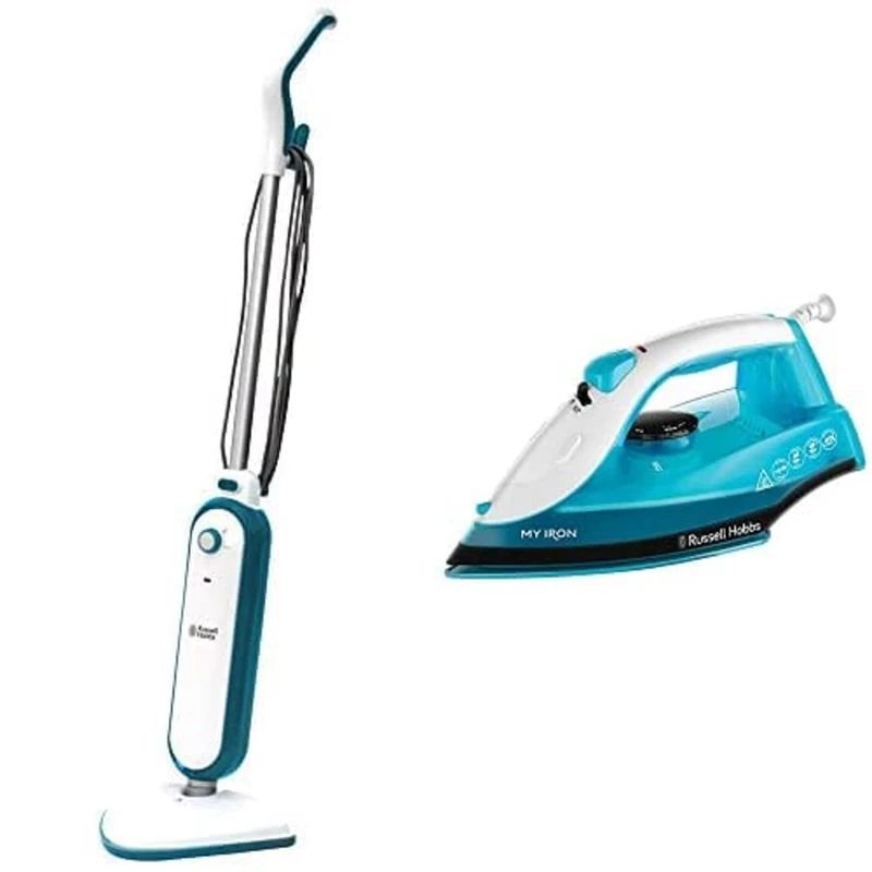 Russell Hobbs RHSM1001-G Steam and Clean Steam Mop White & Aqua + Russell Hobbs My Iron Steam Iron, Ceramic Soleplate, 260 ml Water Tank, Self-Clean Function and Two Metre Power Cable, Blue and White - Image 1