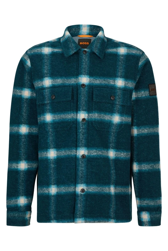 BOSS Mens Lovvo Oversized-fit Overshirt in Checked bouclé Material Green