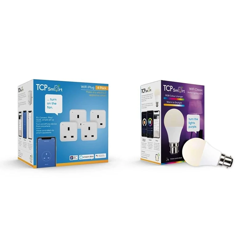 TCP 13A 240V 2.4Hz 2990W Smart Wi-Fi Socket 4-Piece Pack, White, TAYWISSINWUK4P & Smart Wi-Fi LED Lightbulb Classic B22 Colour Tuneable White & Colour Changing Dimmable - Image 1