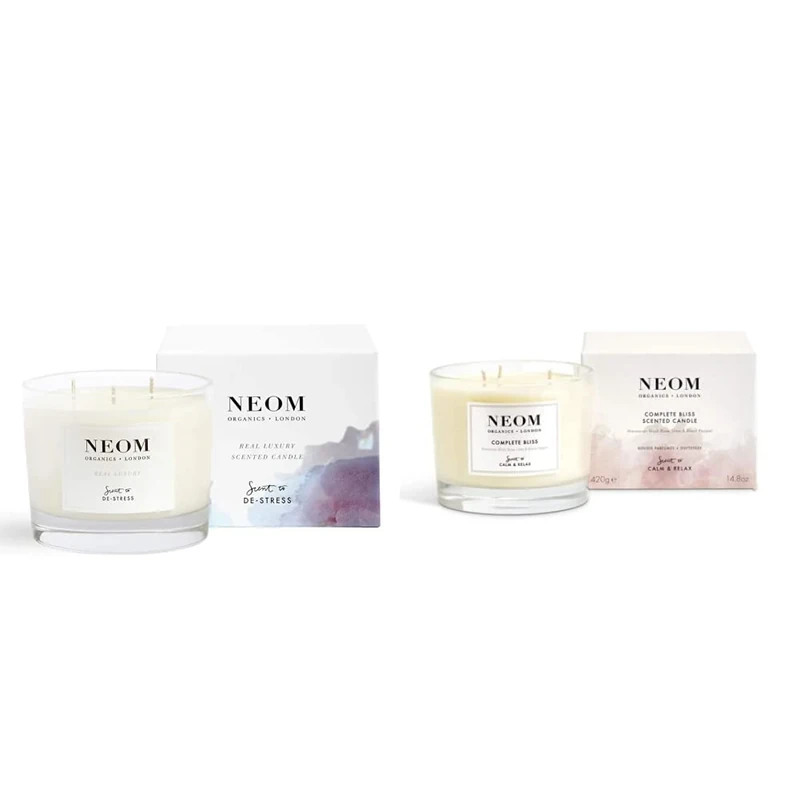 NEOM- Real Luxury Scented Candle, 3 Wick | Lavender & Rosewood | Essential Oil Aromatherapy Candle | Scent to De-Stress & NEOM- Complete Bliss Scented Candle, 3 Wick | Blush Rose, Lime & Black Pepper