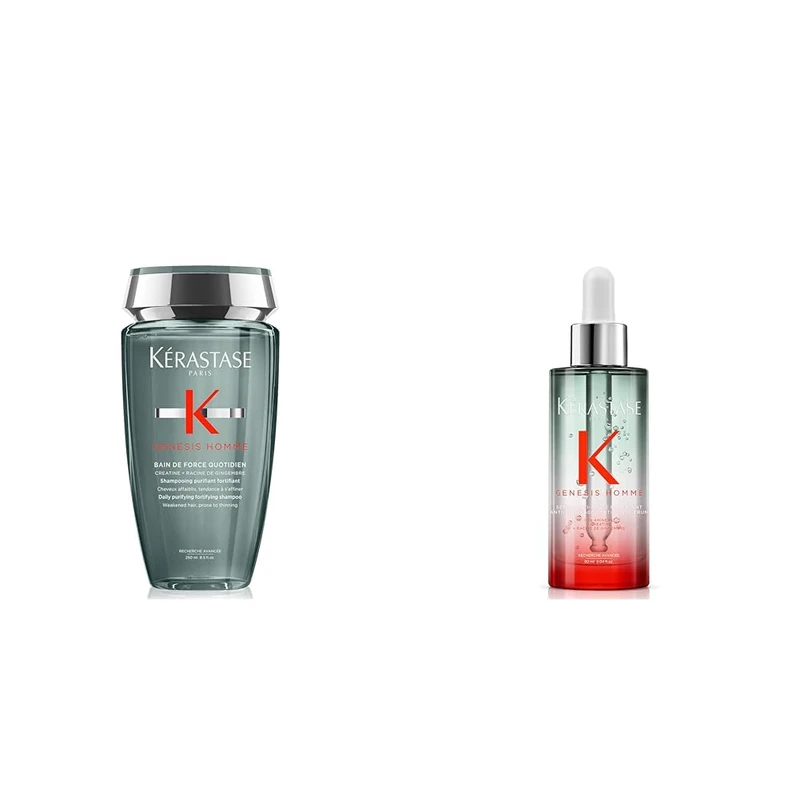 Kérastase Genesis Homme Men’s Daily Purifying and Fortifying Shampoo for Re-energising Scalp and Facial Hair 250ml and Anti-Chute Fortifiant Serum 90ml