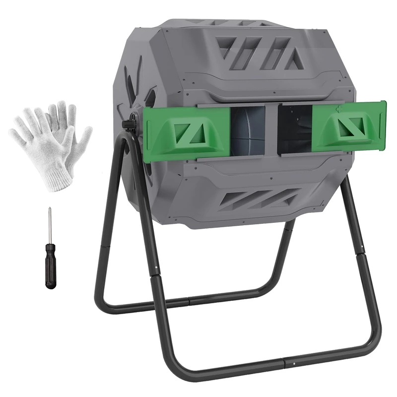 Outsunny Garden Compost Bin - Compost Bin for Waste - 360° Rotatable - Double Chamber 160 L - Steel PP Grey - Image 1