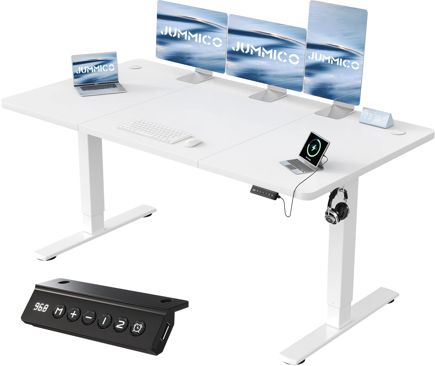 JUMMICO 160x70cm Electric Standing Desk with USB Charging Height Adjustable Desk with Sedentary Reminder Stand Up Desk with Splice Board for Home Office,White