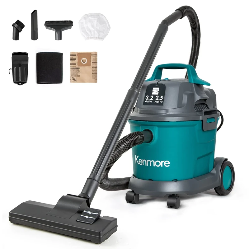 Kenmore KW3030, Wet Dry Canister 3.2 Gallon 2.5 Peak HP Shop Vacuum Cleaner with Extension Wands Tool Storage & Wall Bracket for Garage, Car, Home & Workshop, Green