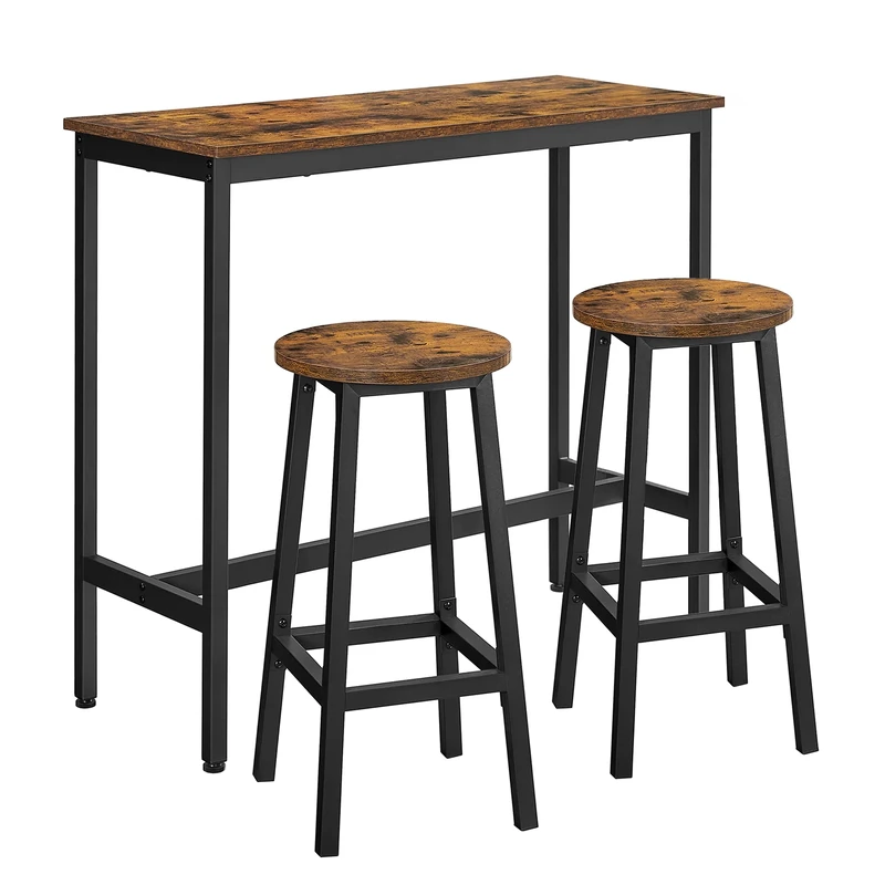 VASAGLE Dining Table Set, Bar Table and Stools, Breakfast Bar Table with 2 Round Bar Stools, Industrial Steel Frame, Rustic Brown and Ink Black LBT219B01