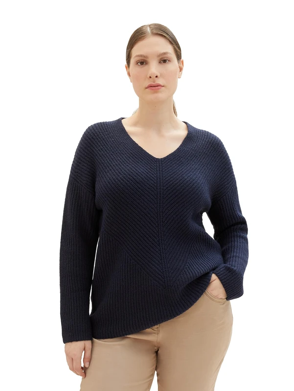 TOM TAILOR Women's 1042956 RIPP Knitted Jumper with V-Neck, 10668 - Sky Captain Blue, 22