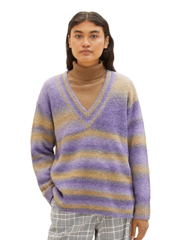 TOM TAILOR Denim Women's Knitted Jumper with tie dye Stripes Sweater, 32636-Lilac Beige Colorflow, XL