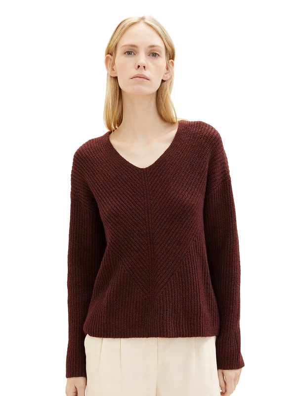 TOM TAILOR Women's Basic V-Neck Jumper, 32404-raisin Melange, 20