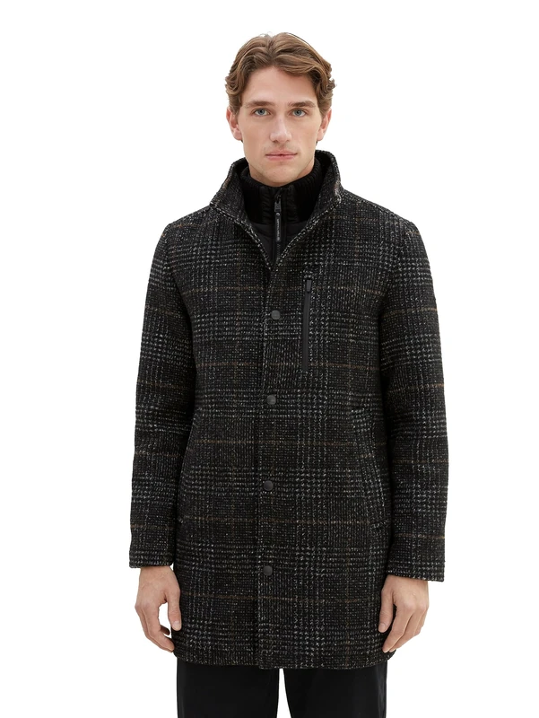 TOM TAILOR Men's 2-in-1 Wool Coat with Integrated Inner Jacket, 32524-dark grey wool check, XL