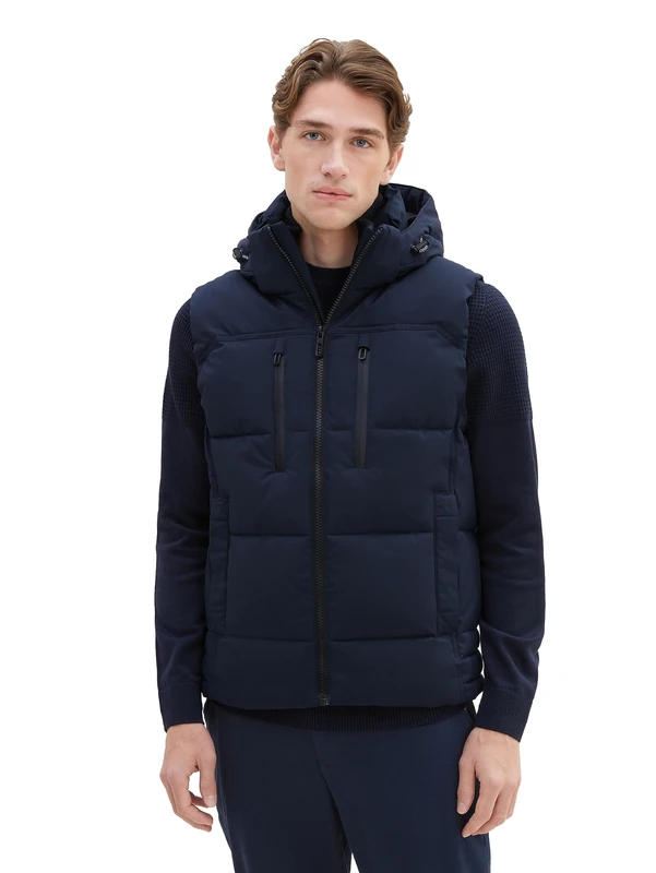 TOM TAILOR Men's Puffer Quilted Vest with Removable Hood, 10668-sky Captain Blue, L