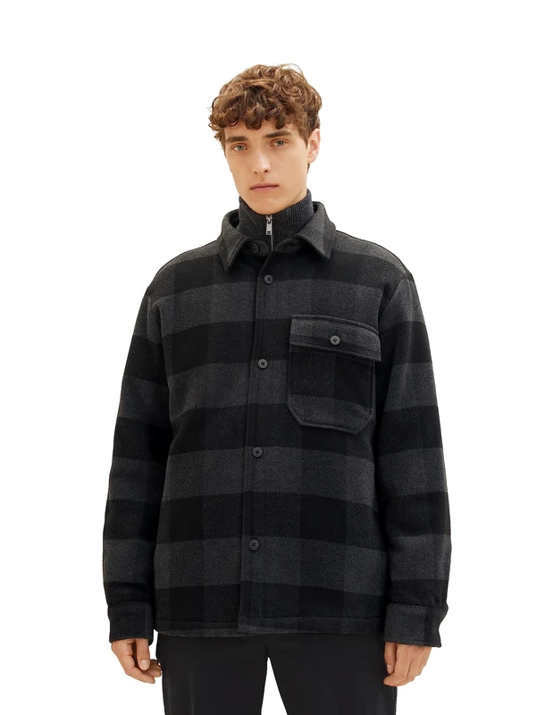 TOM TAILOR Denim Men's Cosy Flannel Overshirt Jacket, 32664-black Grey Buffalo Check, XL