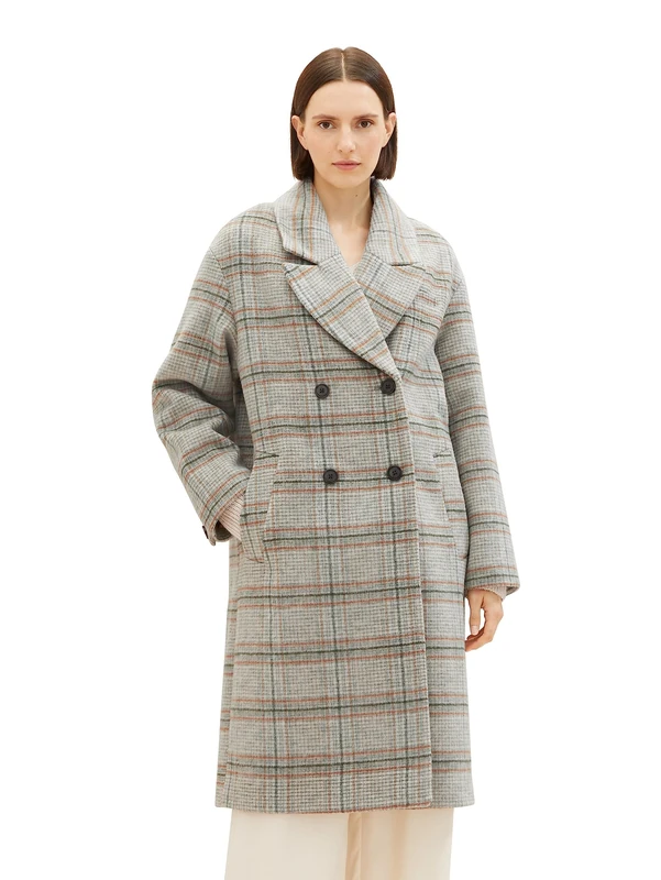 TOM TAILOR Women's 1037556 Coat with Lapel Collar and Check Pattern, 32426-Grey Orange Green Woven, L