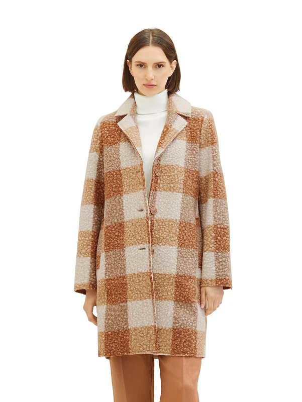 TOM TAILOR Women's 1037554 Boucle Coat with Check Pattern, 32512-Blush Beige Print, L