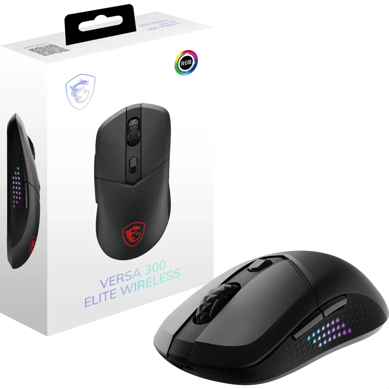 MSI VERSA 300 ELITE WIRELESS Gaming Mouse - 26000 DPI Optical Sensor, 1000 Hz polling rate, Symmetrical, 60M+ Click OMRON Switches, 6 Buttons, 200-Hour Battery, 1ms Latency, RGB, 65g - Wired/Wireless